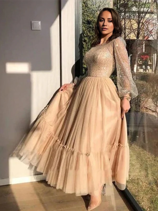 A-Line Evening Gown Elegant Dress Wedding Guest Prom Floor Length Long Sleeve Jewel Neck Tulle with Glitter Pearls Sequin 2025